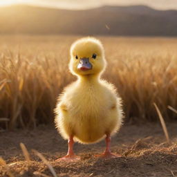 A small, fluffy yellow duckling standing bravely in a golden cornfield, with bombastic explosions illuminating the background sky.