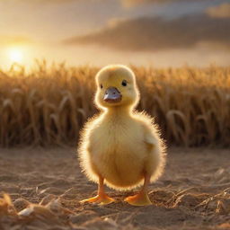 A small, fluffy yellow duckling standing bravely in a golden cornfield, with bombastic explosions illuminating the background sky.