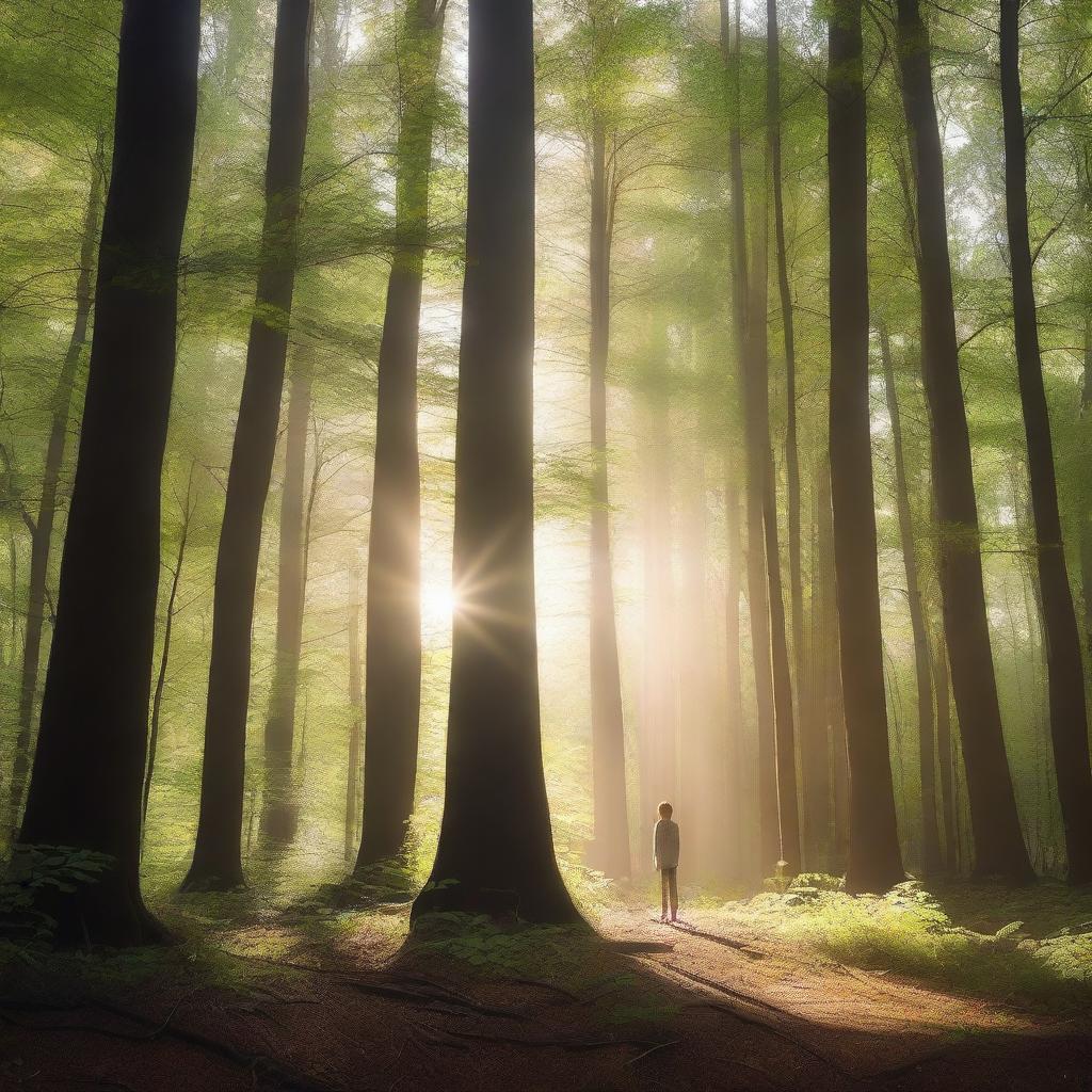 A man standing in a dense forest with tall trees all around