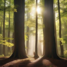 A man standing in a dense forest with tall trees all around
