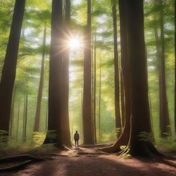 A man standing in a dense forest with tall trees all around