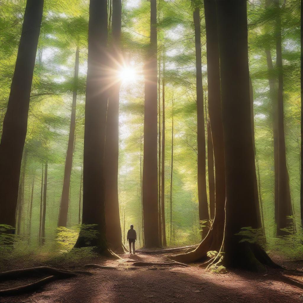 A man standing in a dense forest with tall trees all around