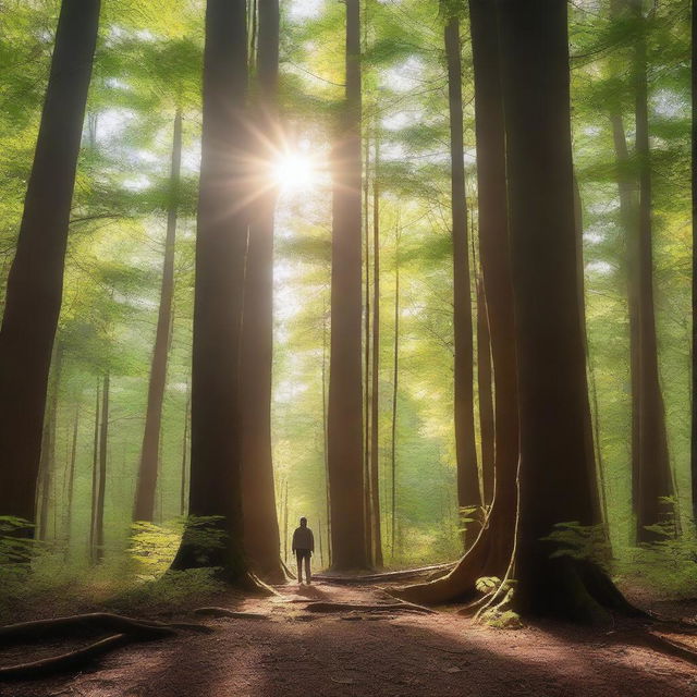 A man standing in a dense forest with tall trees all around