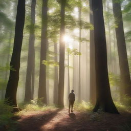 A man standing in a dense forest with tall trees all around