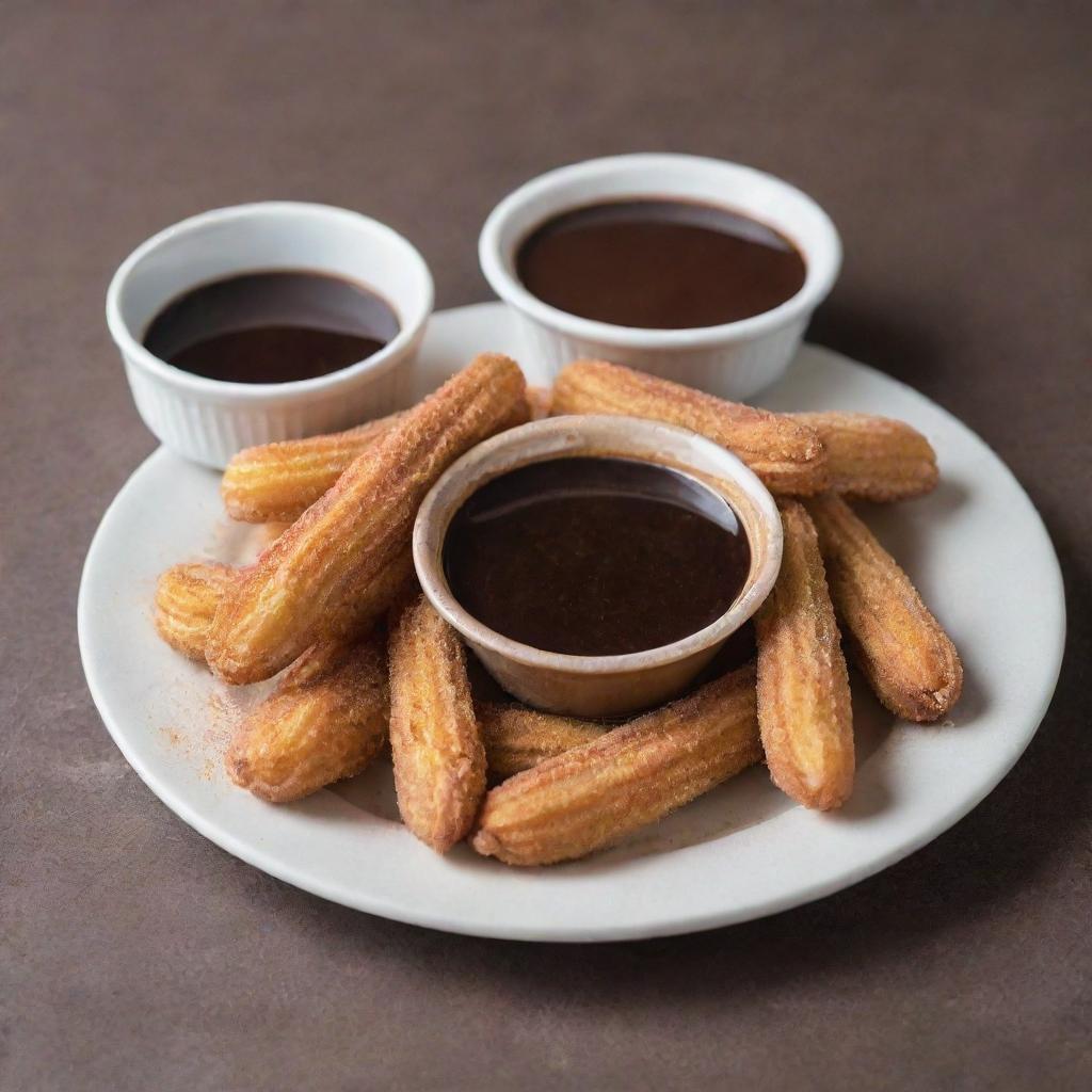 A plate of golden, crispy churros generously dusted with sugar, side by side with a small cup of thick, dark chocolate dipping sauce 