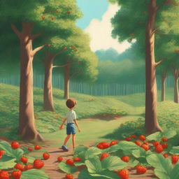 A man standing on one side of a dense forest while on the other sunny side, a child is picking strawberries