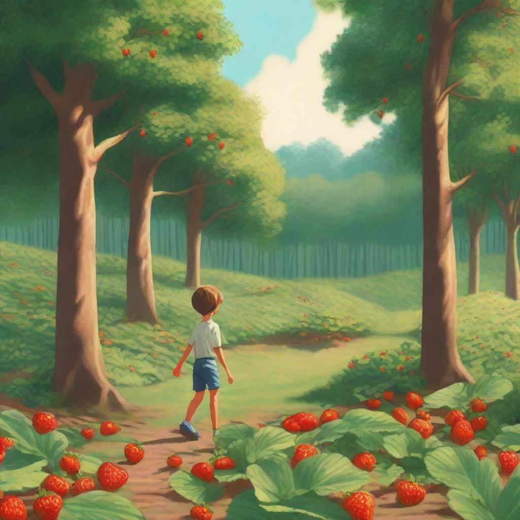 A man standing on one side of a dense forest while on the other sunny side, a child is picking strawberries