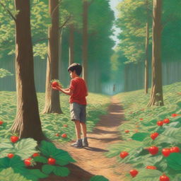 A man standing on one side of a dense forest while on the other sunny side, a child is picking strawberries
