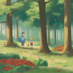 A man standing on one side of a dense forest while on the other sunny side, a child is picking strawberries