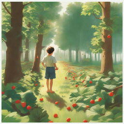 A man standing on one side of a dense forest while on the other sunny side, a child is picking strawberries