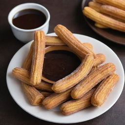 A plate of golden, crispy churros generously dusted with sugar, side by side with a small cup of thick, dark chocolate dipping sauce 