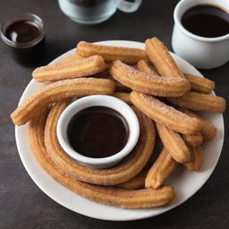 A plate of golden, crispy churros generously dusted with sugar, side by side with a small cup of thick, dark chocolate dipping sauce 