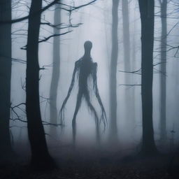 A mysterious creature with long, slender limbs standing far away in the dark and misty woods