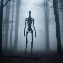 A mysterious creature with long, slender limbs standing far away in the dark and misty woods