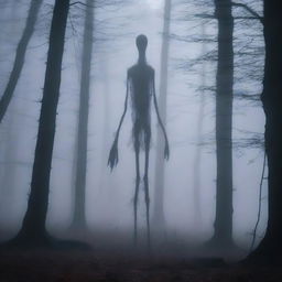 A mysterious creature with long, slender limbs standing far away in the dark and misty woods