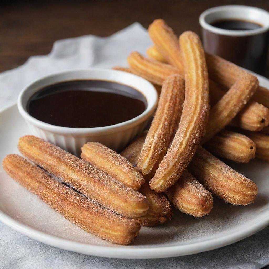 A plate of golden, crispy churros generously dusted with sugar, side by side with a small cup of thick, dark chocolate dipping sauce 