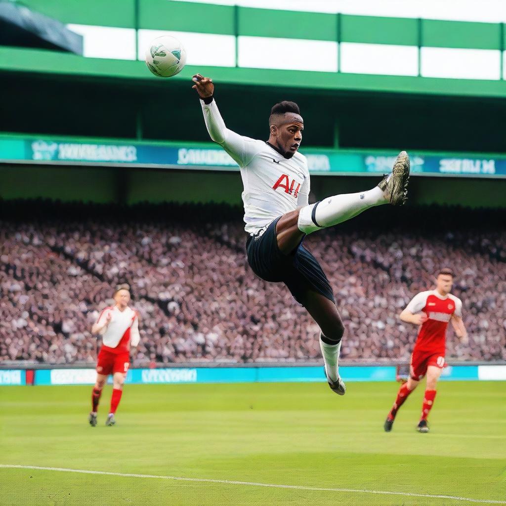 A man performing an impressive bicycle kick while playing for the Spurs