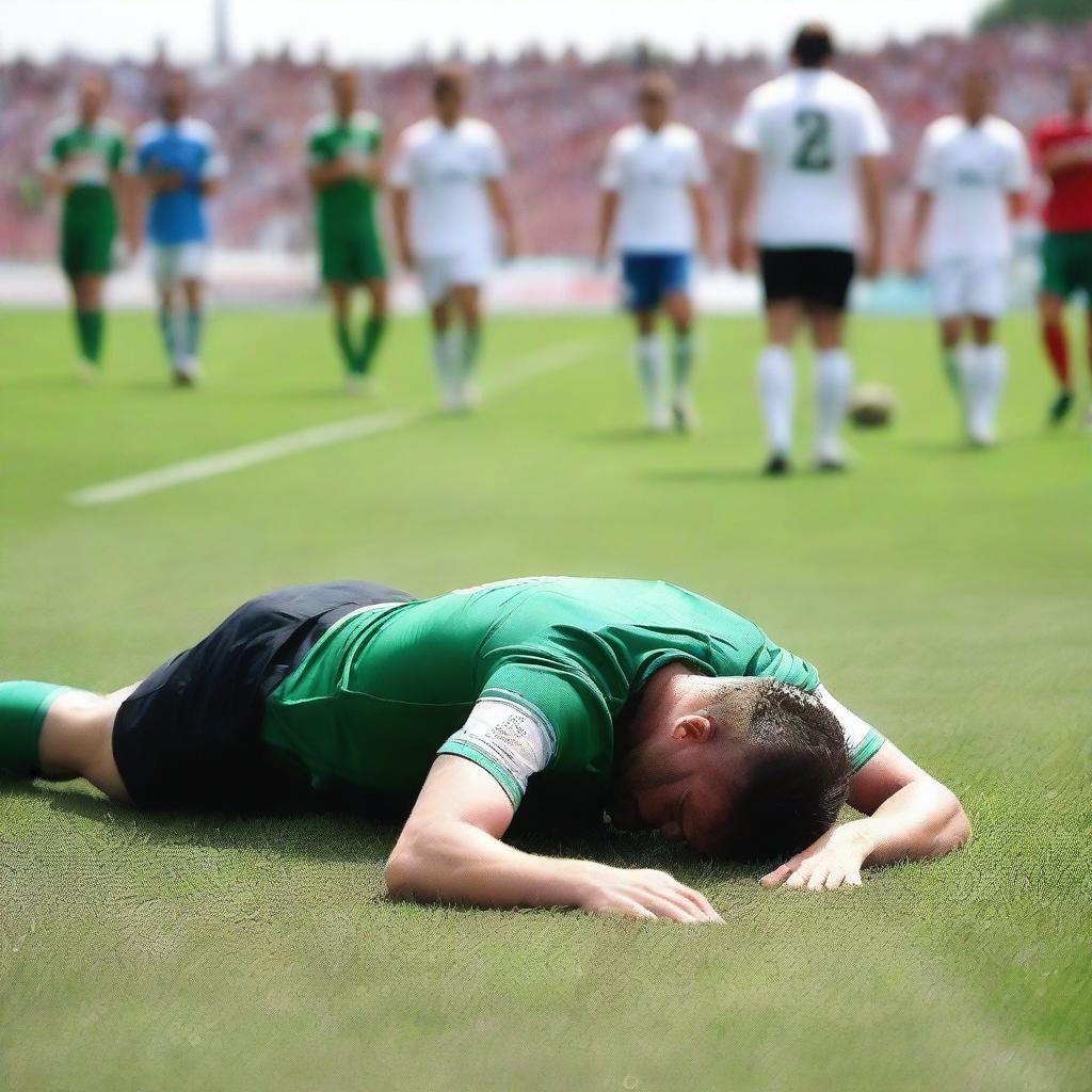 A man lying on the ground at a football park, unable to get up