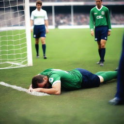 A man lying on the ground at a football park, unable to get up