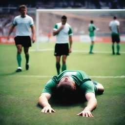 A man lying on the ground at a football park, unable to get up