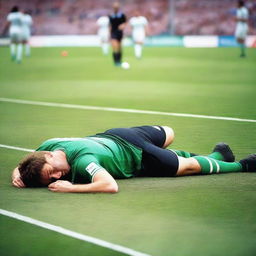 A man lying on the ground at a football park, unable to get up