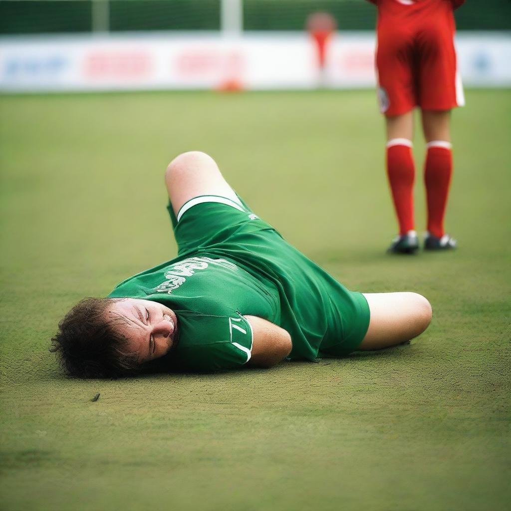 A man lying on the ground at a football pitch, unable to get up