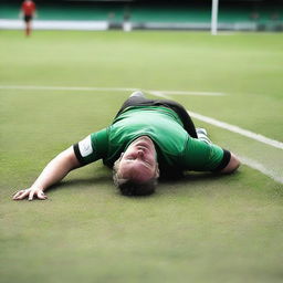 A man lying on the ground at a football pitch, unable to get up