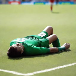 A man lying on the ground at a football pitch, unable to get up