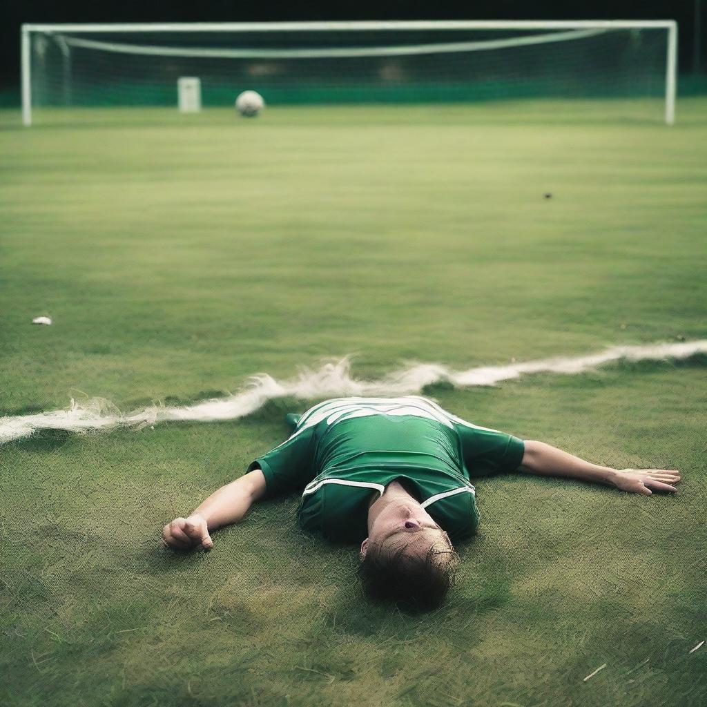 A somber scene of a man who has collapsed and died on a football pitch