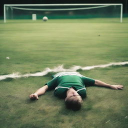A somber scene of a man who has collapsed and died on a football pitch