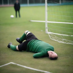 A somber scene of a man who has collapsed and died on a football pitch