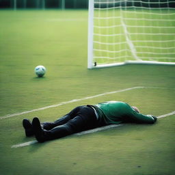 A somber scene of a man who has collapsed and died on a football pitch