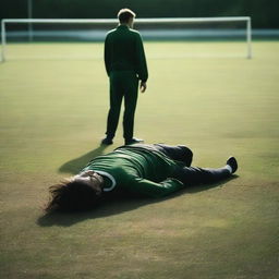 A somber scene of a man who has collapsed and died on a football pitch