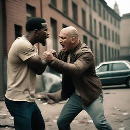 Two men engaged in a physical fight