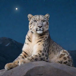 A majestic snow leopard resting on a rocky mountain peak under a starlit night.