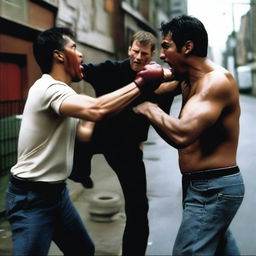 Two men engaged in a physical fight, with one man delivering a punch that breaks the other man's nose