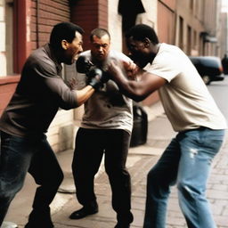 Two men engaged in a physical fight, with one man delivering a punch that breaks the other man's nose