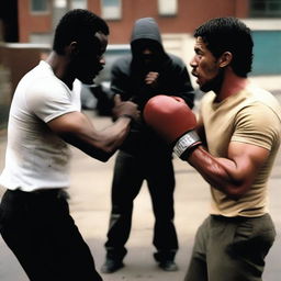 Two men engaged in a physical fight, with one man delivering a punch that breaks the other man's nose