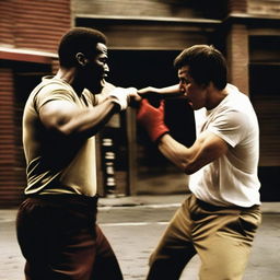 Two men engaged in a physical fight, with one man delivering a punch that breaks the other man's nose