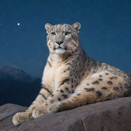 A majestic snow leopard resting on a rocky mountain peak under a starlit night.