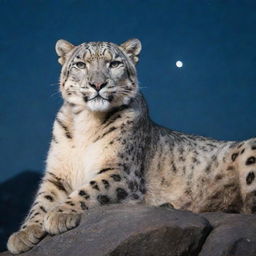 A majestic snow leopard resting on a rocky mountain peak under a starlit night.