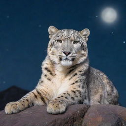 A majestic snow leopard resting on a rocky mountain peak under a starlit night.