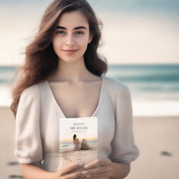 A romantic scene for a book cover featuring a girl sitting on a beach with black and sand-colored tones