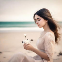 A romantic scene for a book cover featuring a girl sitting on a beach with black and sand-colored tones