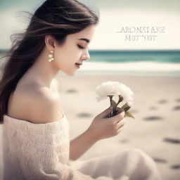 A romantic scene for a book cover featuring a girl sitting on a beach with black and sand-colored tones