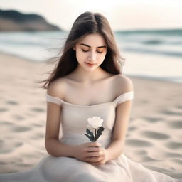 A romantic scene for a book cover featuring a girl sitting on a beach with black and sand-colored tones