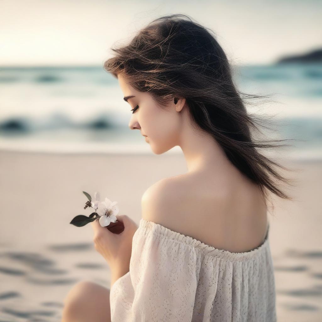A romantic scene for a book cover featuring the back view of a girl sitting on a beach with black and sand-colored tones