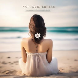 A romantic scene for a book cover featuring the back view of a girl sitting on a beach with black and sand-colored tones