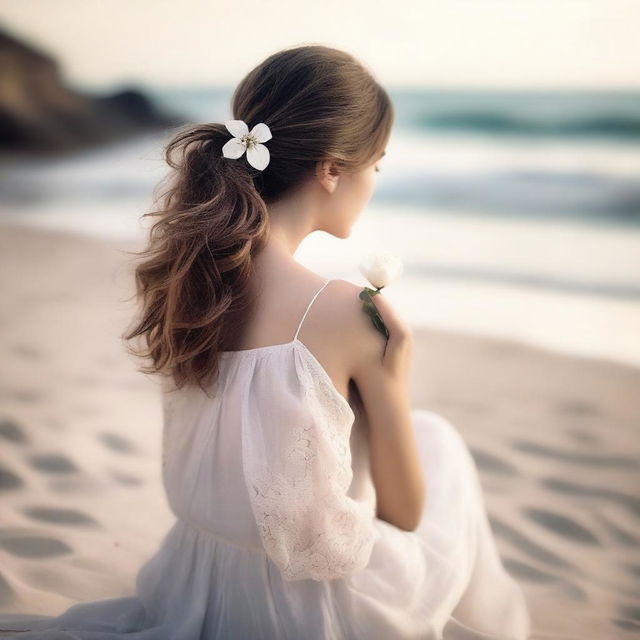 A romantic scene for a book cover featuring the back view of a girl sitting on a beach with black and sand-colored tones