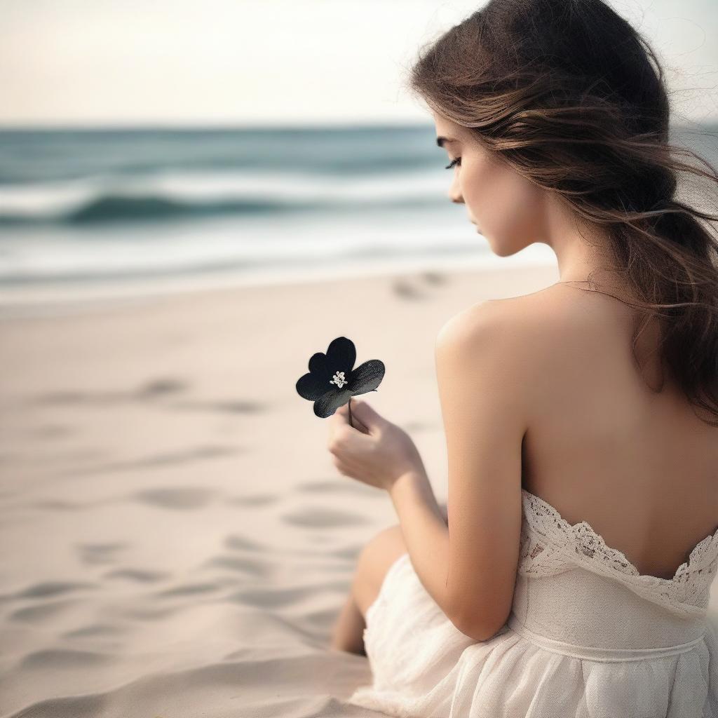 A romantic scene for a book cover featuring the back view of a girl sitting on a beach with black and sand-colored tones